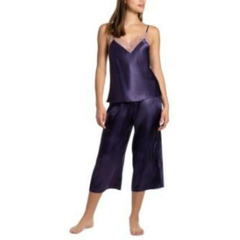 Linea Donatella Women's Brennan 2 Piece Purple Cropped Satin Pajamas Set S